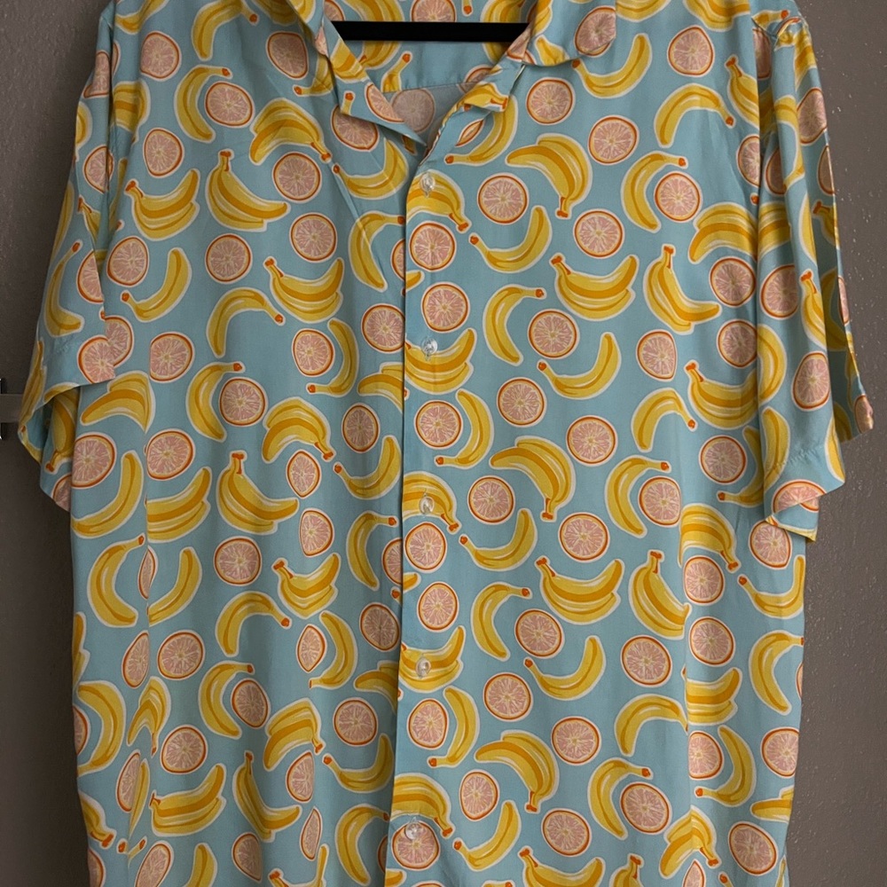 Dip Blue and Yellow Casual Button Down Shirt with Playful Banana Pattern